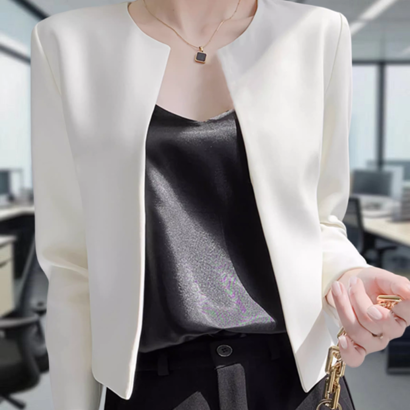 春夏轻奢圆领开衫西装外套女薄款