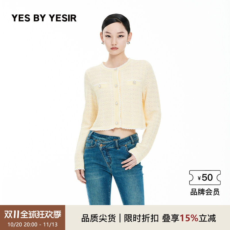 YES BY YESIR叶谦原创设计师秋季新款女花边少女香风针织开衫