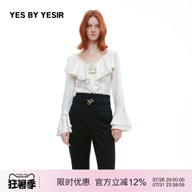 YESBYYESIR蕾丝荷叶边雪纺衫