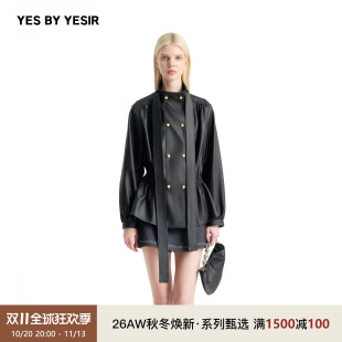 YES BY YESIR叶谦原创设计师26秋冬新款女士黑胶皮革束腰飘带夹克