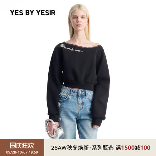 YESBYYESIR玫瑰叙斜肩蕾丝卫衣