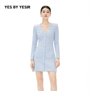 亲爱的仇敌同款YES BY YESIR叶谦秋蓝海香风女士针织收腰连衣裙