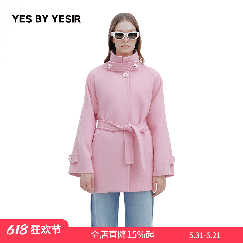 YES BY YESIR叶谦原创设计冬新款暖冬樱粉披肩绵羊毛呢大衣