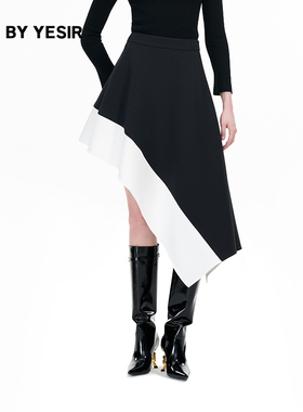 YES BY YESIR叶谦原创设计24年早秋新款黑白不规则斜裁拼接半身裙