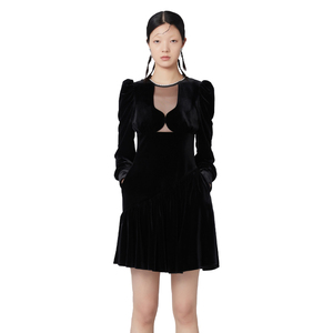 YES BY YESIR叶谦原创设计气质黑色拼接透视轻礼服泡泡袖连衣裙