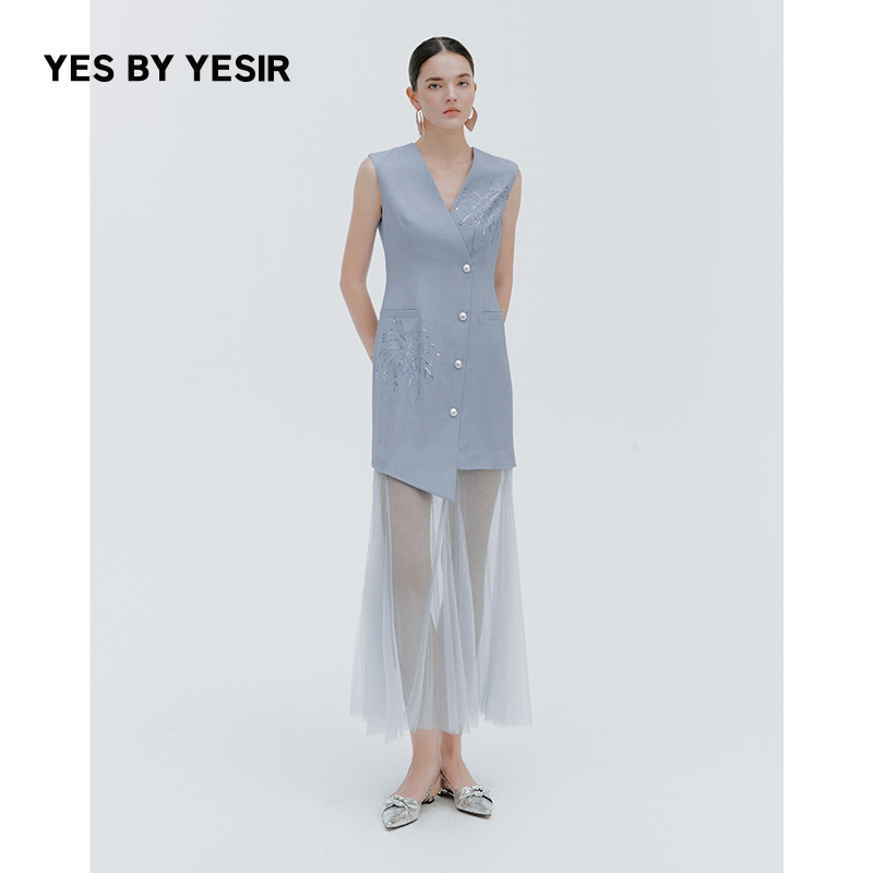 YES BY YESIR叶谦原创设计师2026春夏新款烟花烫钻拼纱西服连衣裙
