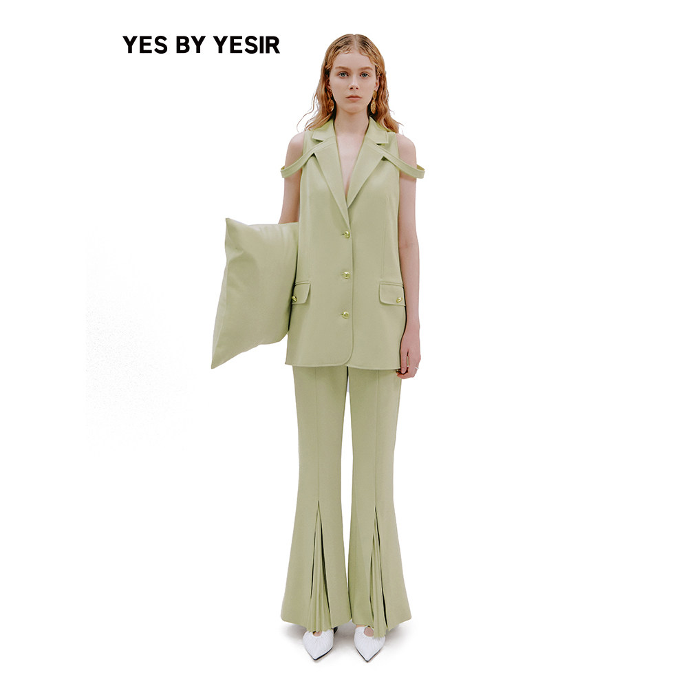 YES BY YESIR叶谦原创设计26春夏新款解构领压褶西装马甲&喇叭裤