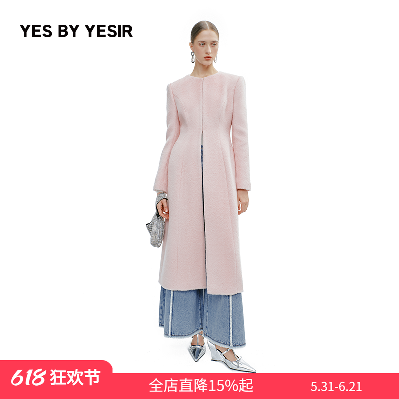 YES BY YESIR叶谦原创设计冬新款羊驼毛微醺粉收腰无领毛呢大衣