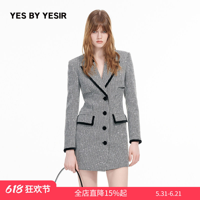 YES BY YESIR叶谦原创设计秋新款权力女性千鸟格珠片西装连衣裙