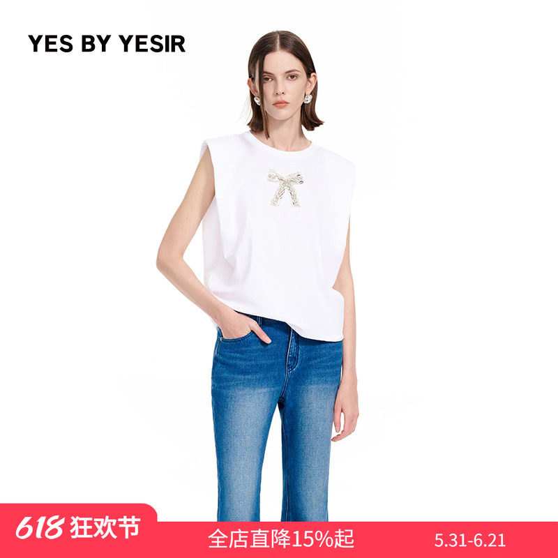 YES BY YESIR叶谦原创设计夏新款满钻蝴蝶结宽松无袖圆领T恤