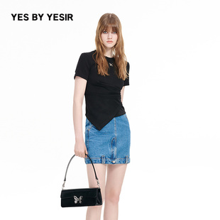 黑短袖 YESIR叶谦原创设计秋新款 棉质蝴蝶骨不规则T恤 YES