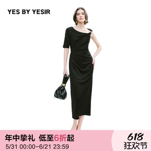 YES BY YESIR叶谦原创设计师夏新款不对称丝带扣抽褶针织连衣裙