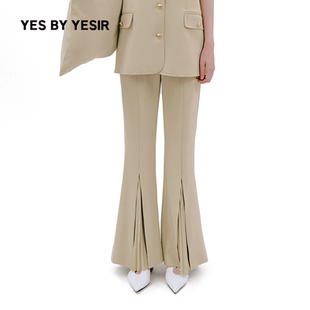 子喇叭裤 YES 灰豆绿压褶裤 YESIR叶谦原创设计师2026春夏新款