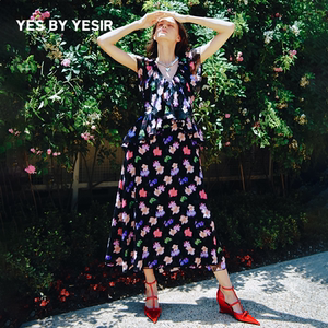 YES BY YESIR叶谦原创设计师夏新款女真丝花卉长款连衣裙