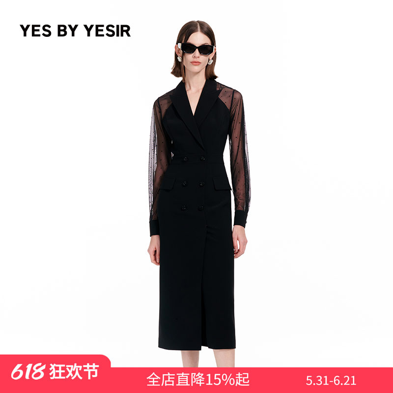 YES BY YESIR谦原创设计春季新款职场全开纱袖西服连衣裙