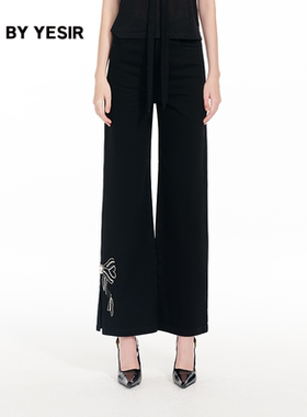 YES BY YESIR叶谦原创设计25春新款重工钻绣蝴蝶结直筒开叉牛仔裤