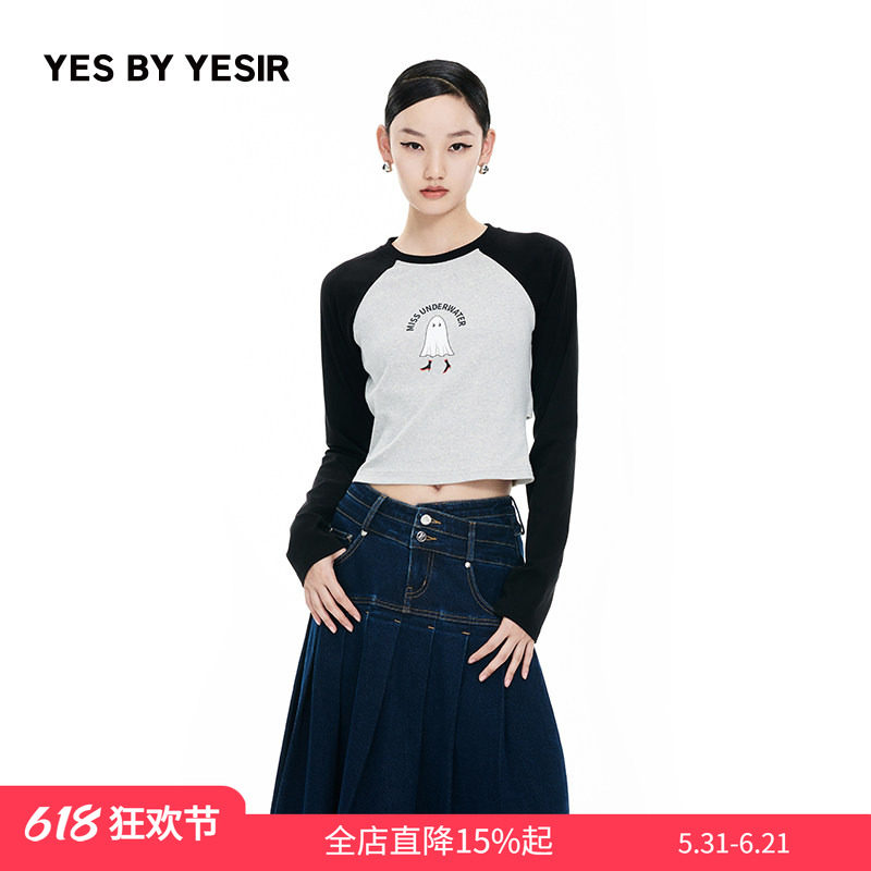 刘浩存同款YES BY YESIR叶谦原创春女插肩袖长袖修身T恤卫衣