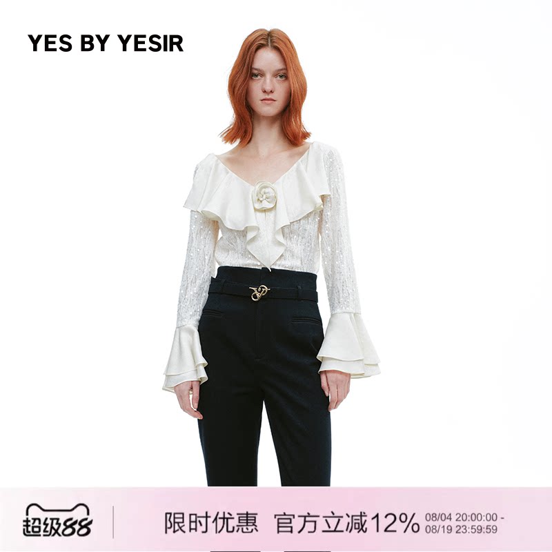 YESBYYESIR蕾丝荷叶边雪纺衫