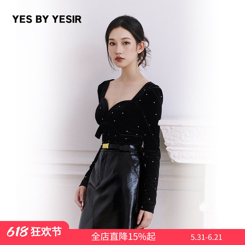 YES BY YESIR叶谦原创设计秋新款摩卡丝绒烫钻立裁蝴蝶结上衣