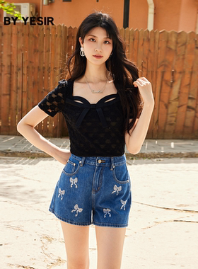 YES BY YESIR叶谦原创设计25夏新款解构蝴蝶结方领修身蕾丝衫上衣