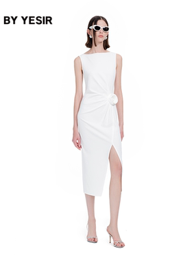 王子文&关晓彤同款YES BY YESIR叶谦25夏新款立体花朵开衩连衣裙