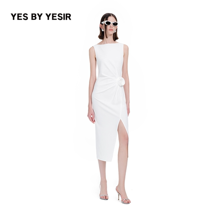 王子文&关晓彤同款YES BY YESIR叶谦夏新款立体花朵开衩连衣裙
