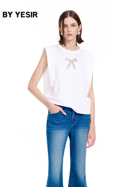 YES BY YESIR叶谦原创设计25夏新款满钻蝴蝶结宽松无袖圆领T恤