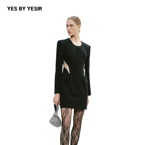 YES BY YESIR叶谦原创设计师秋冬新款女腰部镂空钻饰轻礼服连衣裙