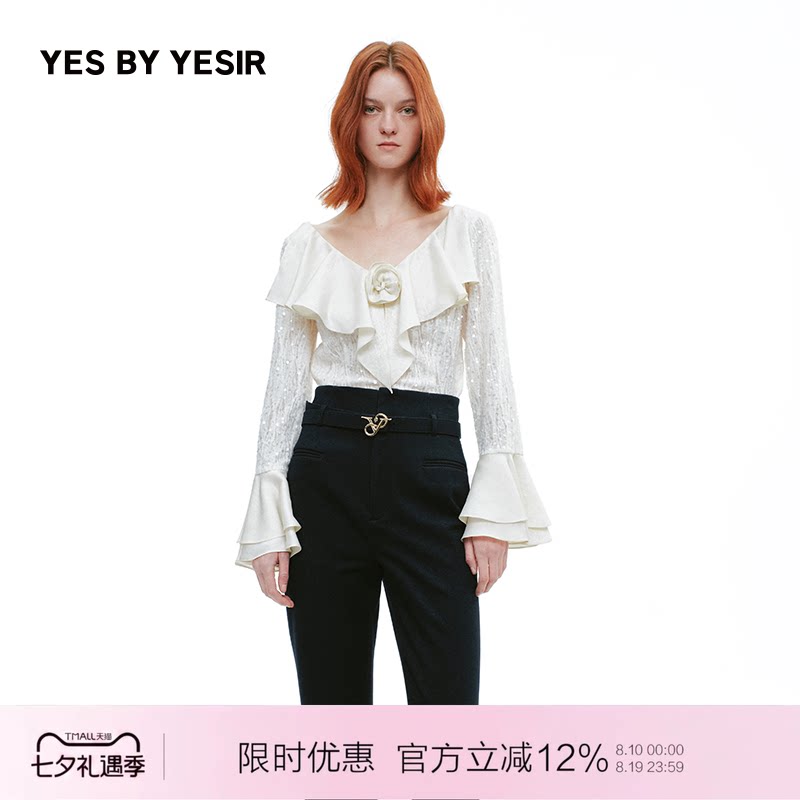YESBYYESIR蕾丝荷叶边雪纺衫
