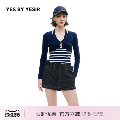 i人假两件条纹针织套头衫