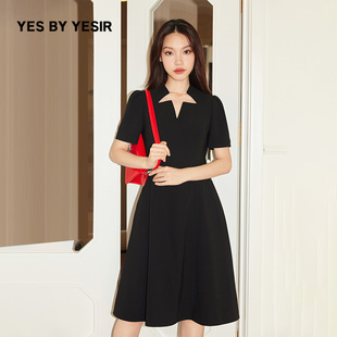 黑色星领收腰散摆连衣裙 YESIR叶谦原创设计师秋新款 YES