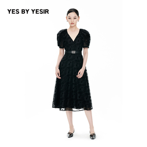 YES BY YESIR叶谦原创设计师夏新款女雨中曲植绒v领连衣裙