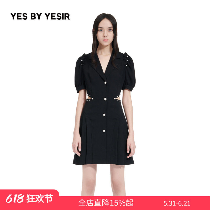 YES BY YESIR叶谦原创设计师夏短裙甜酷珍珠装饰西装连衣裙