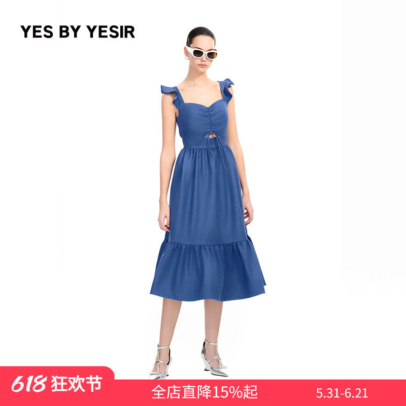 YES BY YESIR叶谦原创设计师夏新款经典牛仔蓝高腰修身连衣裙
