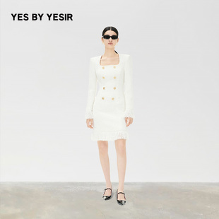 YESIR叶谦原创设计师秋修身 香风方领连衣裙 YES 李思思同款