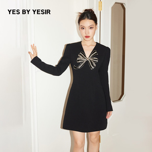 YES BY YESIR叶谦原创设计师秋新款黑镶钻蝴蝶结V领连衣裙