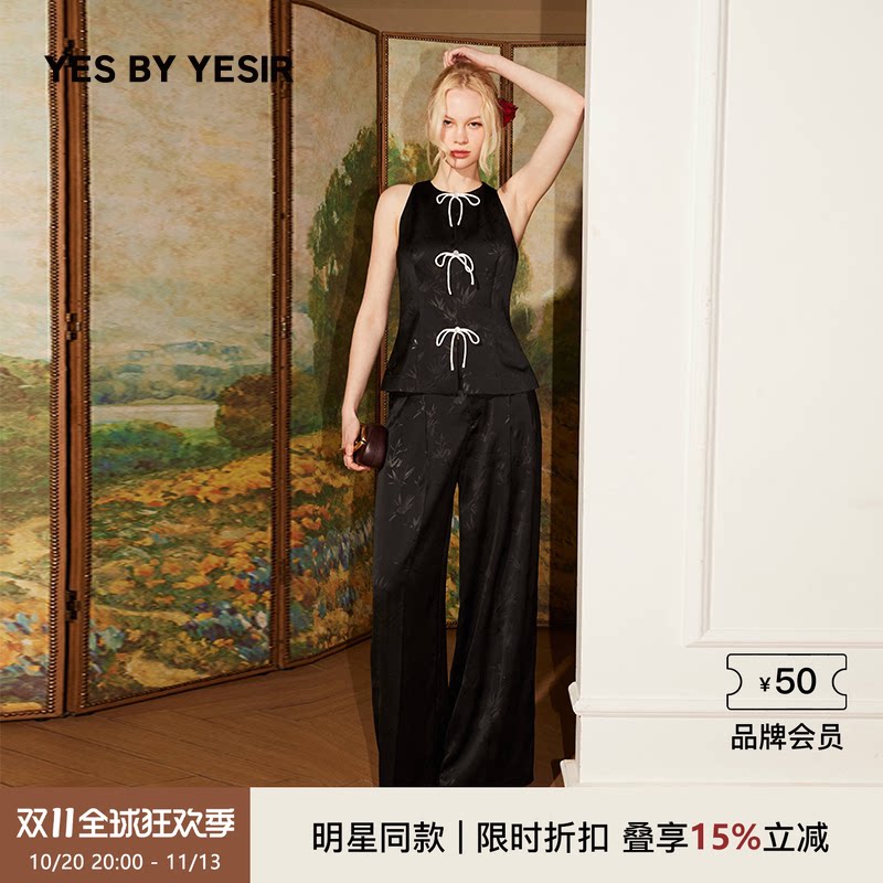 吕星辰同款YES BY YESIR叶谦原创夏新款轻中式竹削肩雪纺衫上衣