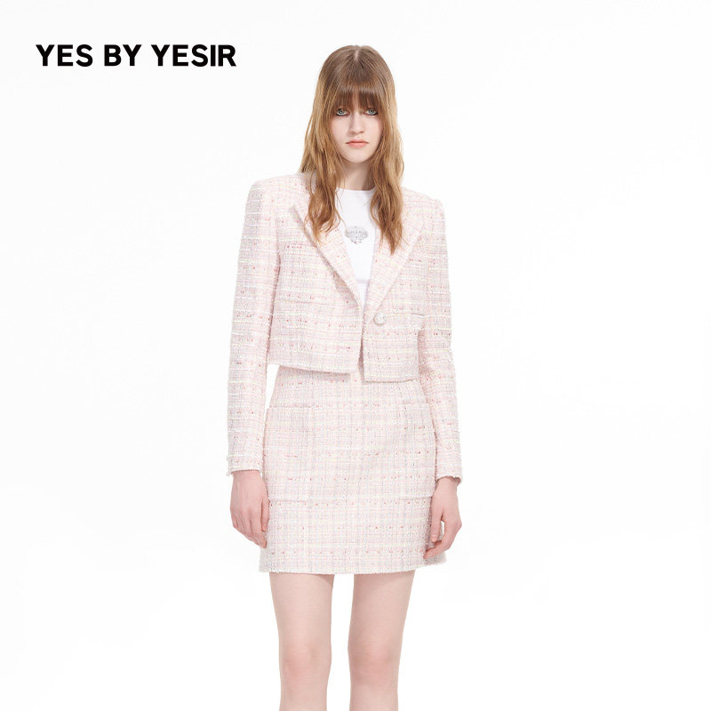 YES BY YESIR叶谦原创设计师秋新款夹克粉珊瑚小香风外套半身裙