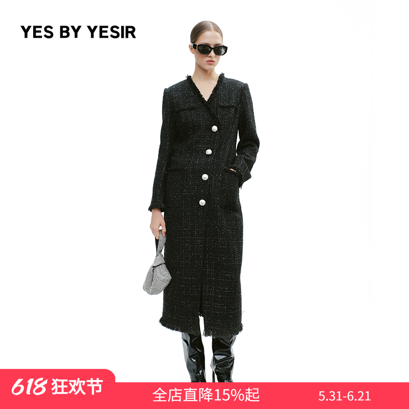 YES BY YESIR秋冬新款叶谦原创南法香风超长V领毛呢大衣