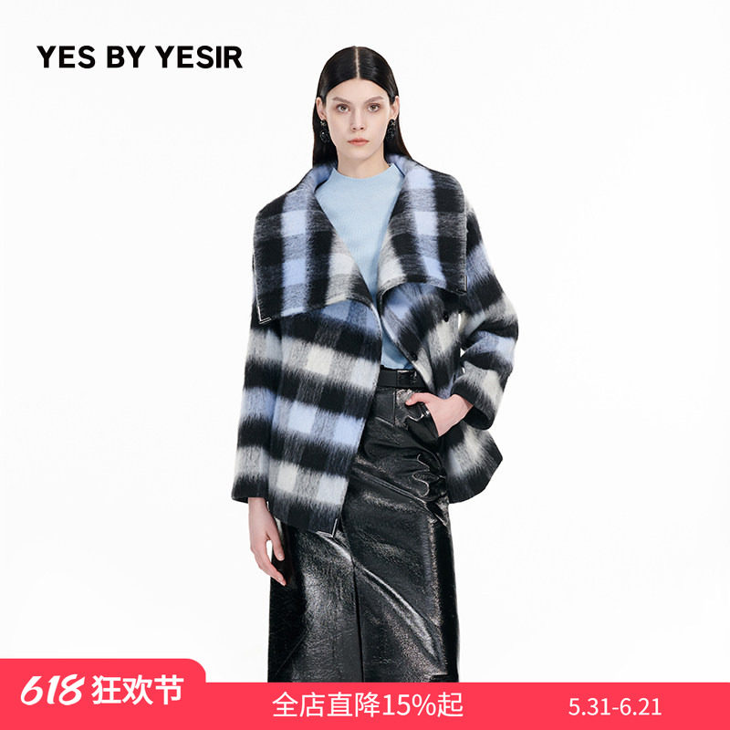 YES BY YESIR叶谦原创设计秋冬新款海盐格纹廓形高领大衣