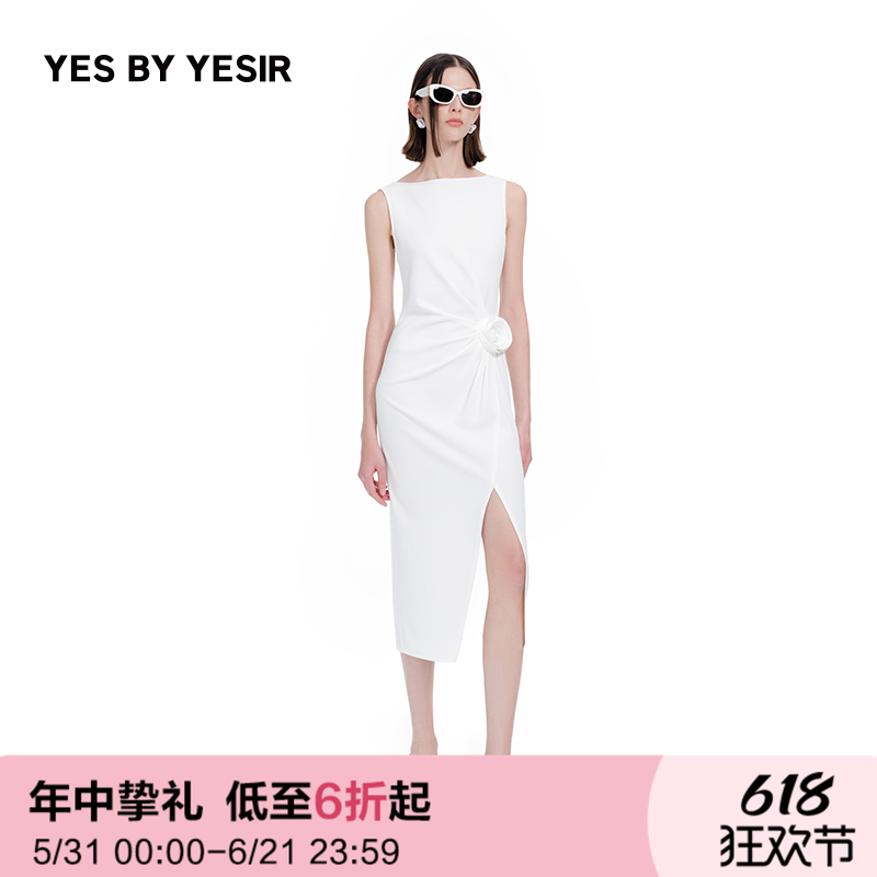 王子文&关晓彤同款YES BY YESIR叶谦夏新款立体花朵开衩连衣裙