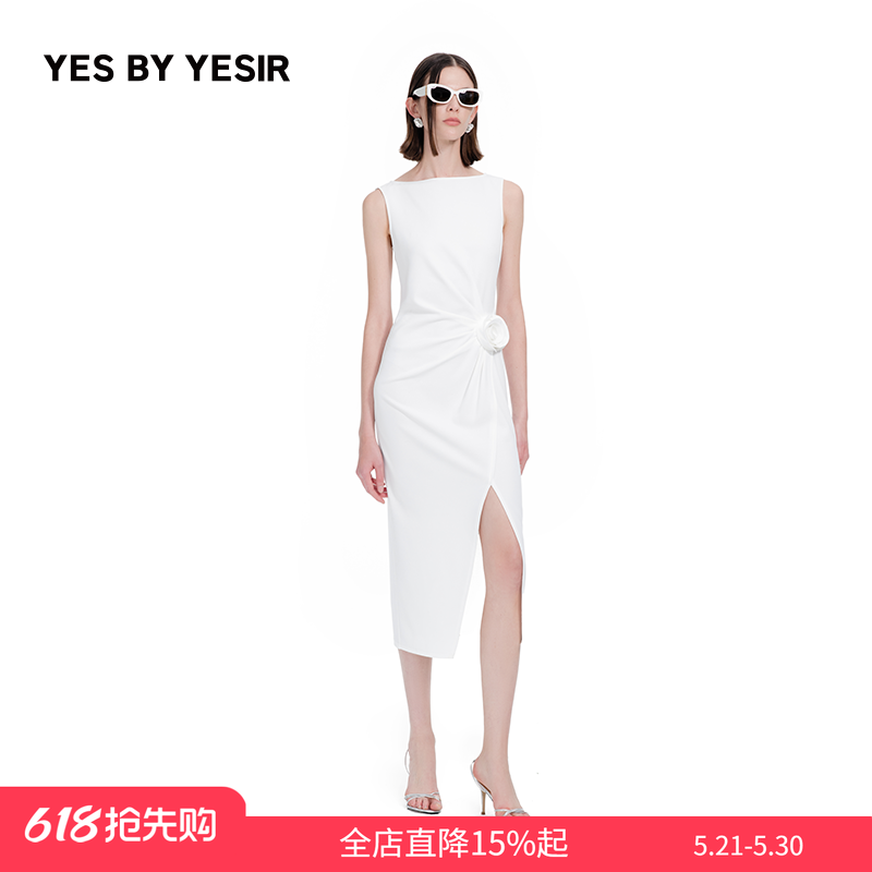 王子文&关晓彤同款YES BY YESIR叶谦夏新款立体花朵开衩连衣裙