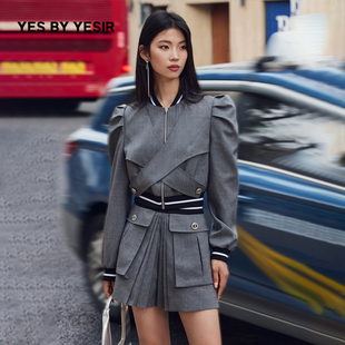 YES YESIR叶谦原创设计师秋修身 小A百搭斑鸠灰羊毛套装