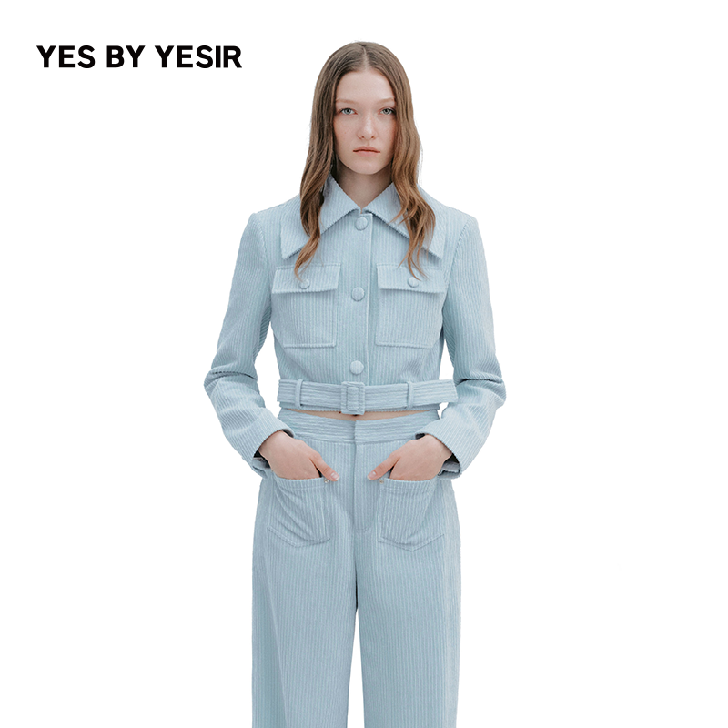 YES BY YESIR叶谦原创设计师26春新款蓝色条绒口袋夹克外套&裤子