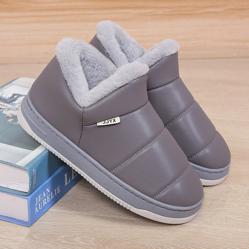 防水防滑皮面棉拖鞋包跟男款女士厚底室内家居鞋大码保暖棉鞋冬季