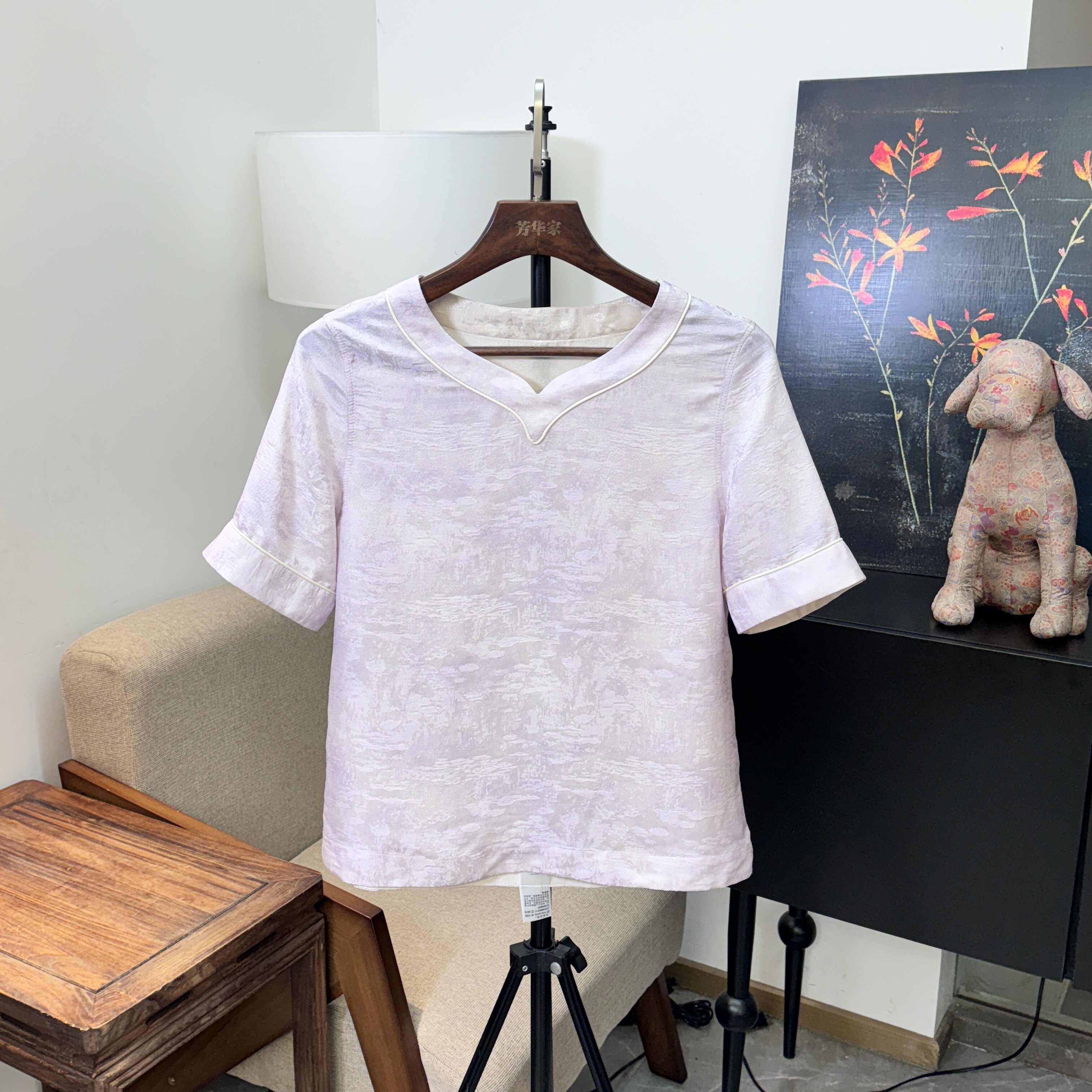 （薰衣草）正绢织金桑蚕丝双面桃心领小衫