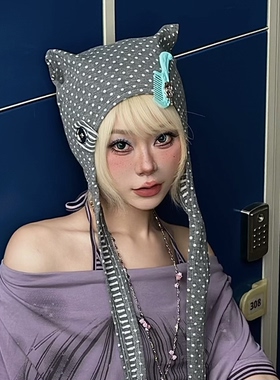 原创设计独家定制朋克圆点猫耳朵纽扣子亲子包头护耳帽春夏秋薄款