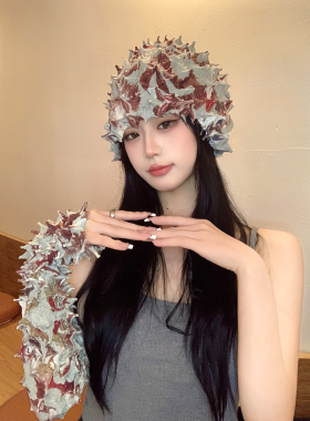 Anngaumee原创小众设计扎染渐变立体褶皱海胆榴莲刺猬包头发带帽