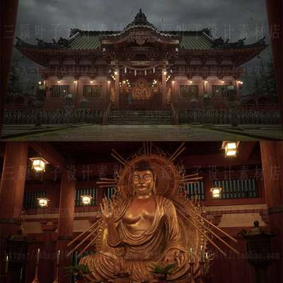 UE5虚幻5日本寺庙3d模型 唐风寺院大殿佛像灯笼 场景CG素材1320