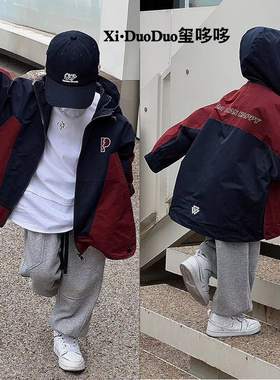 玺哆哆童装2023秋季新款男女中大儿童拼色风衣外套冲锋衣帅60262